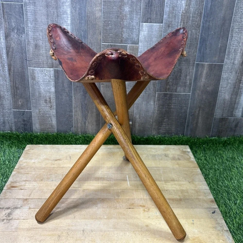 Vintage 1950s Teak Leather Folding Tripod Footstool Ottoman Safari Decor